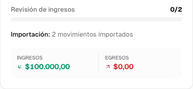 Revisión de ingresos en cero de dos, con dos movimientos importados y cien mil pesos de ingresos