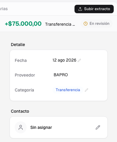 Movimiento de ingreso por setenta y cinco mil pesos en estado En revisión y sin contacto asignado
