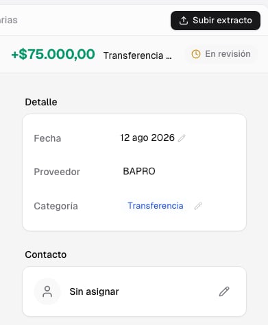 Movimiento de ingreso por setenta y cinco mil pesos en estado En revisión y sin contacto asignado