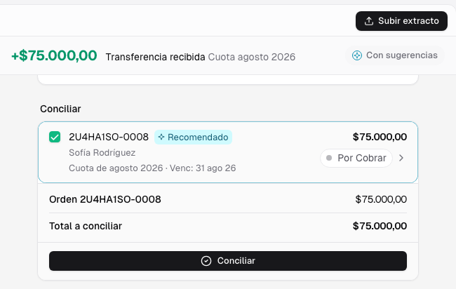 Orden Cuota de agosto 2026 recomendada y total de setenta y cinco mil pesos listo para conciliar