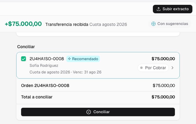 Orden Cuota de agosto 2026 recomendada y total de setenta y cinco mil pesos listo para conciliar