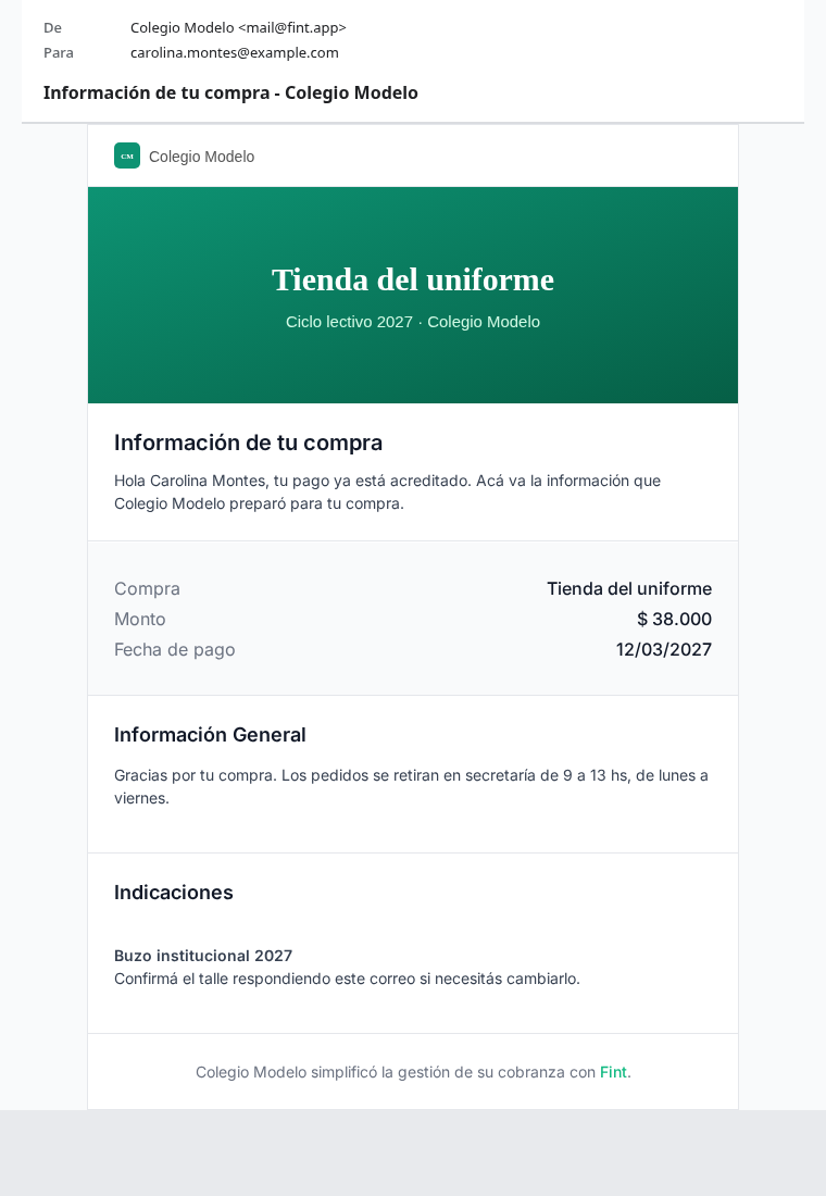 Mail Información de tu compra de Tienda del uniforme por $ 38.000, con la portada del link, el bloque Información General y las Indicaciones del buzo institucional