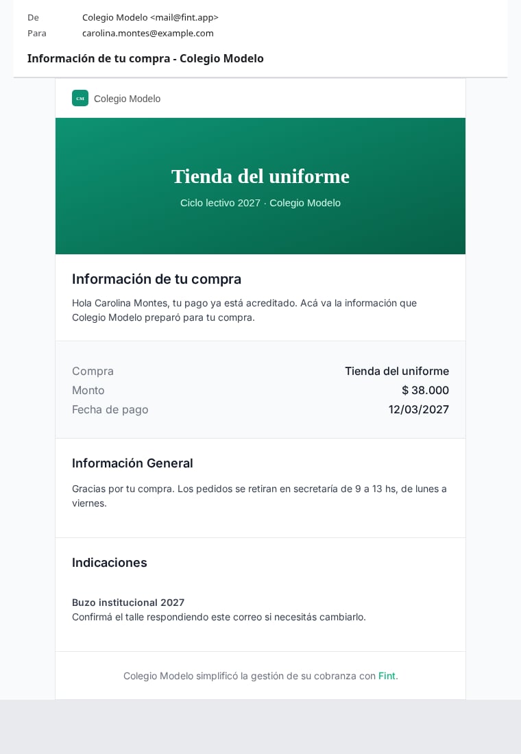 Mail Información de tu compra de Tienda del uniforme por $ 38.000, con la portada del link, el bloque Información General y las Indicaciones del buzo institucional