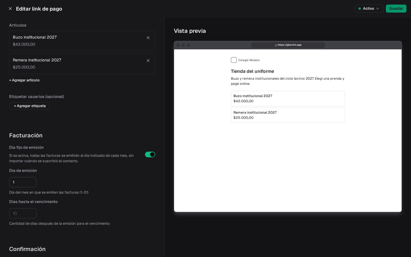 Sección Facturación del editor con Día fijo de emisión activado, día 1 y días hasta el vencimiento