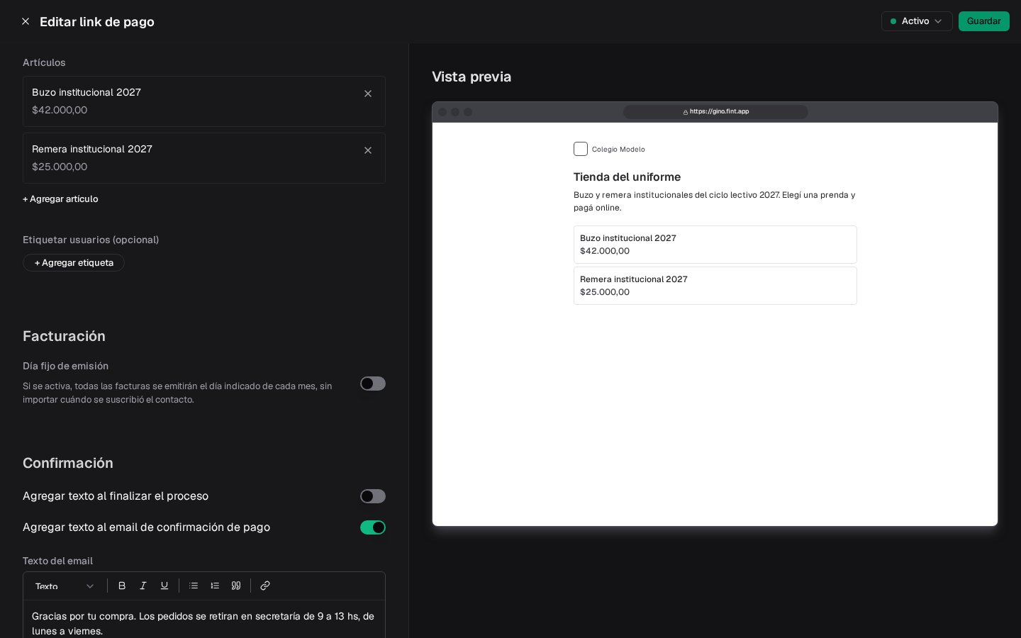 Sección Confirmación del editor con el texto del email de confirmación activado: los pedidos se retiran en secretaría de 9 a 13 hs