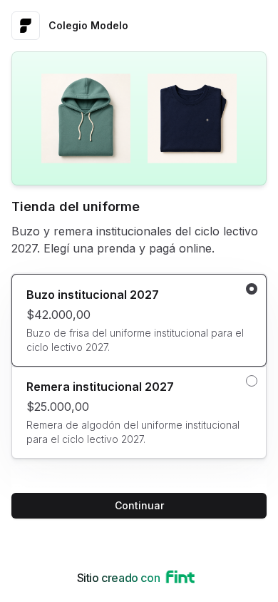 La misma página pública de Tienda del uniforme vista desde un teléfono, con el buzo seleccionado y el botón Continuar