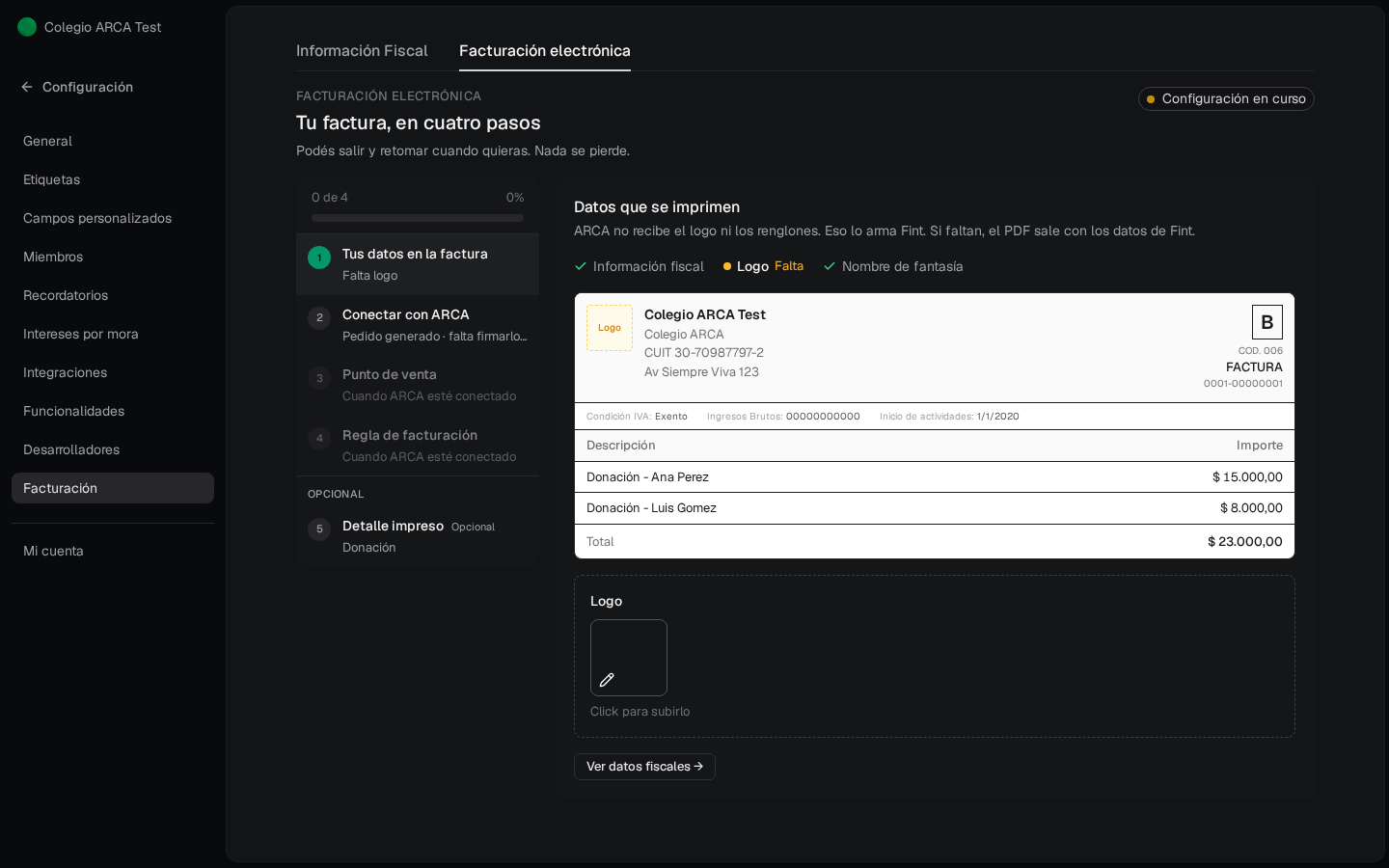 Hub Tu factura en cuatro pasos: datos, conectar ARCA, punto de venta y regla; a la derecha, vista previa sin logo
