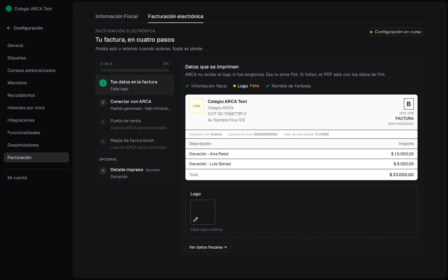 Hub Tu factura en cuatro pasos: datos, conectar ARCA, punto de venta y regla; a la derecha, vista previa sin logo