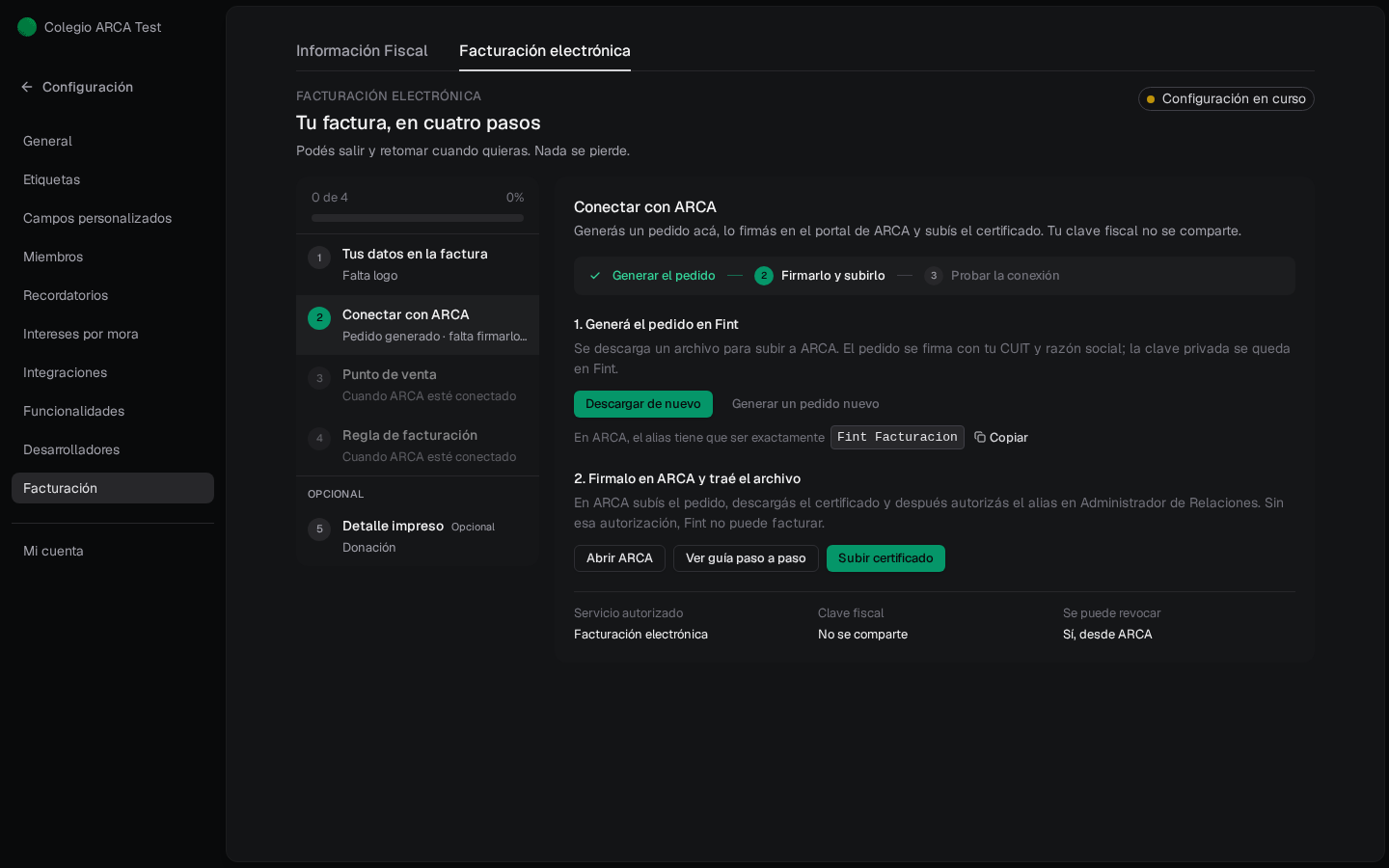 Paso 2 Conectar con ARCA: pedido generado, alias Fint Facturacion, Descargar de nuevo, Abrir ARCA, Ver guía y Subir certificado