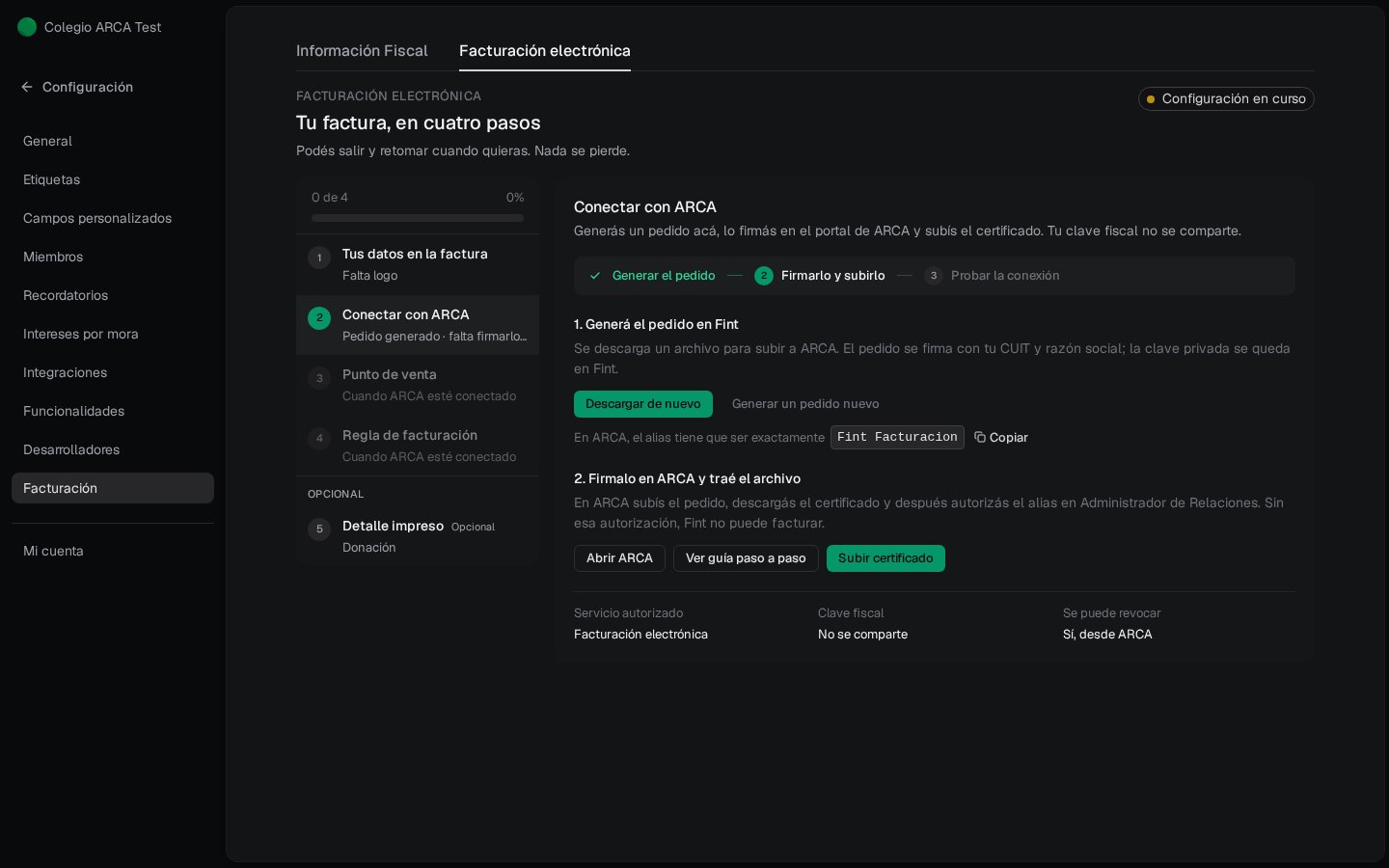 Paso 2 Conectar con ARCA: pedido generado, alias Fint Facturacion, Descargar de nuevo, Abrir ARCA, Ver guía y Subir certificado