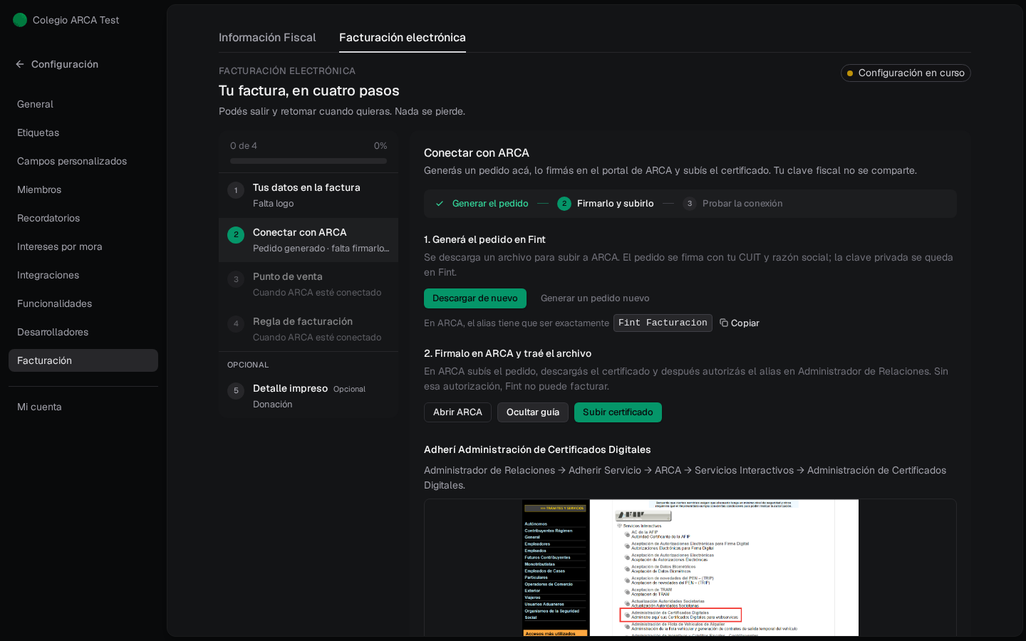 Guía in-app abierta: Adherí Administración de Certificados Digitales, con capturas del portal de ARCA