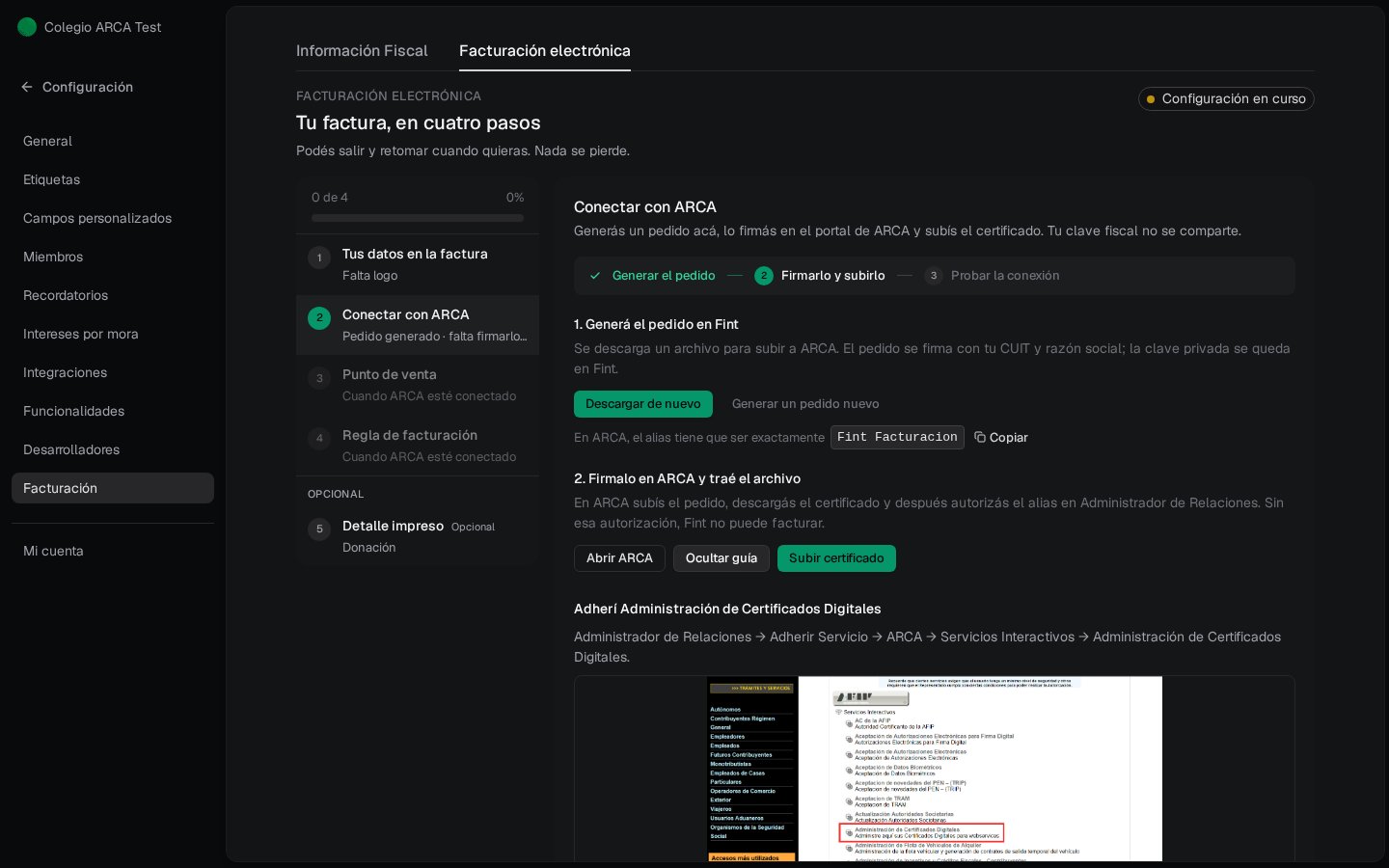 Guía in-app abierta: Adherí Administración de Certificados Digitales, con capturas del portal de ARCA