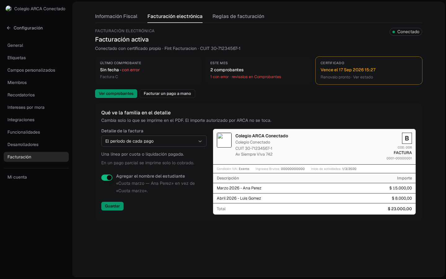 Panel Facturación activa: último comprobante con error, 2 este mes, certificado vence el 17 Sep 2026, vista previa del PDF