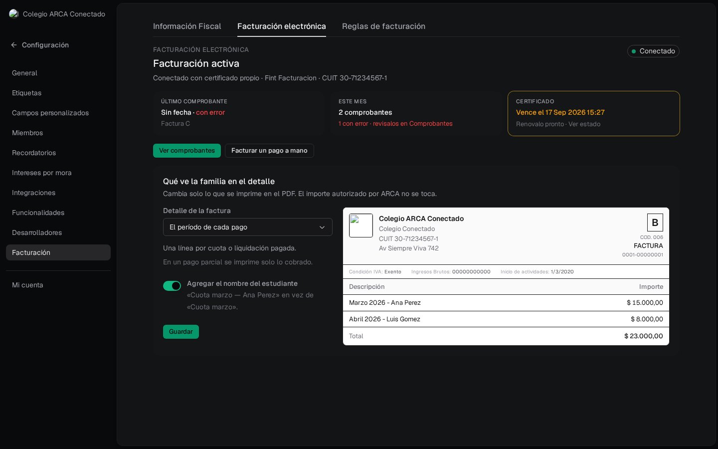 Panel Facturación activa: último comprobante con error, 2 este mes, certificado vence el 17 Sep 2026, vista previa del PDF