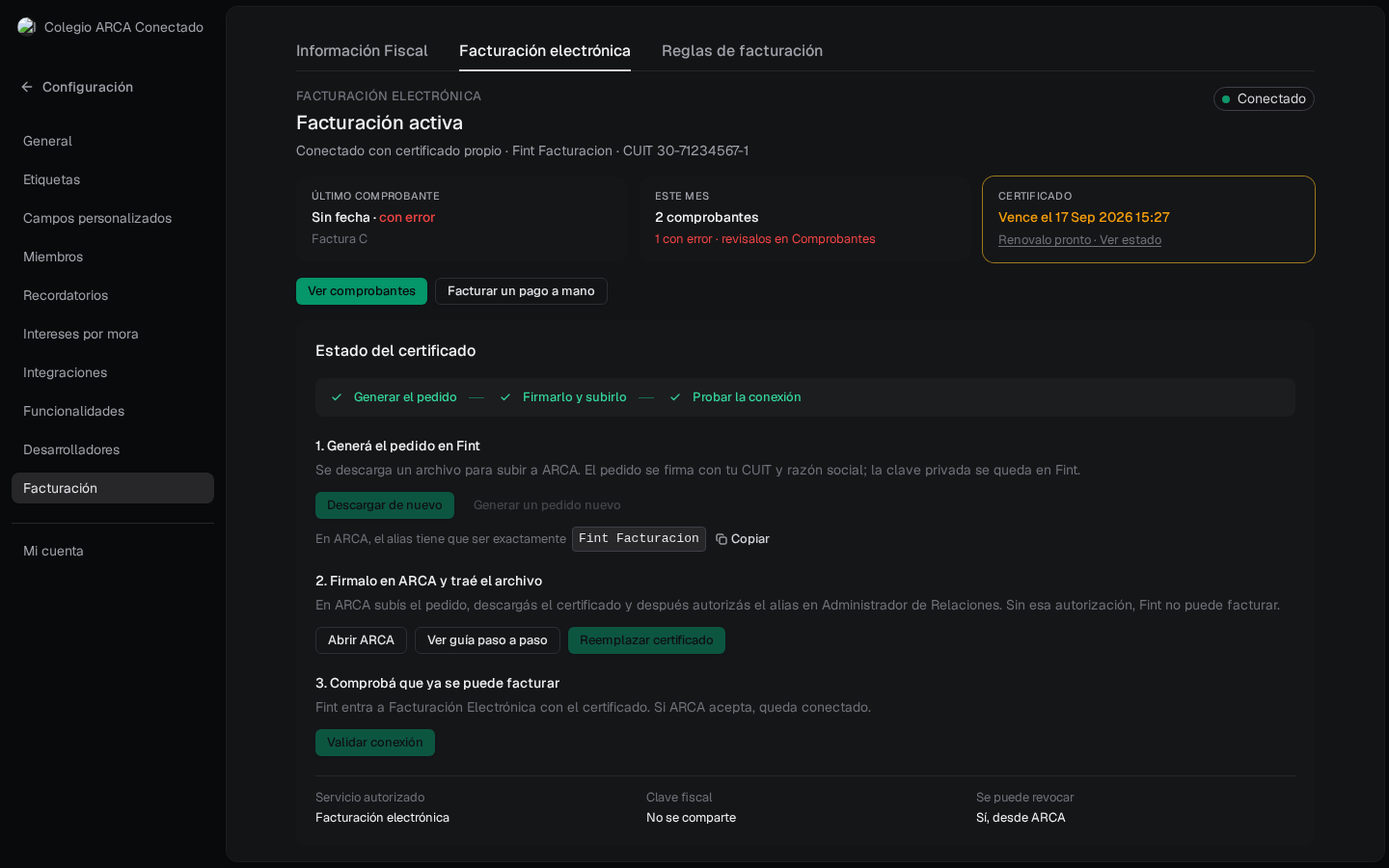 Estado del certificado: los tres momentos en verde, Reemplazar certificado y Validar conexión; vence el 17 Sep 2026