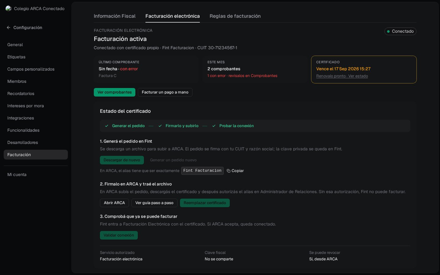 Estado del certificado: los tres momentos en verde, Reemplazar certificado y Validar conexión; vence el 17 Sep 2026