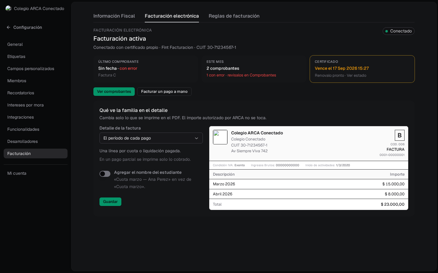 El mismo detalle con el nombre del estudiante apagado