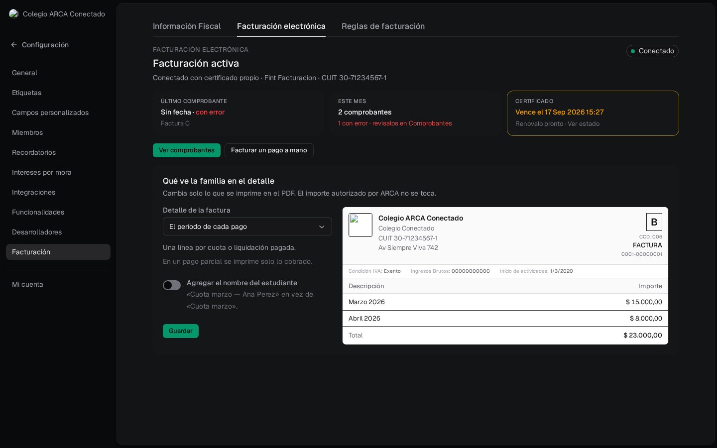 El mismo detalle con el nombre del estudiante apagado