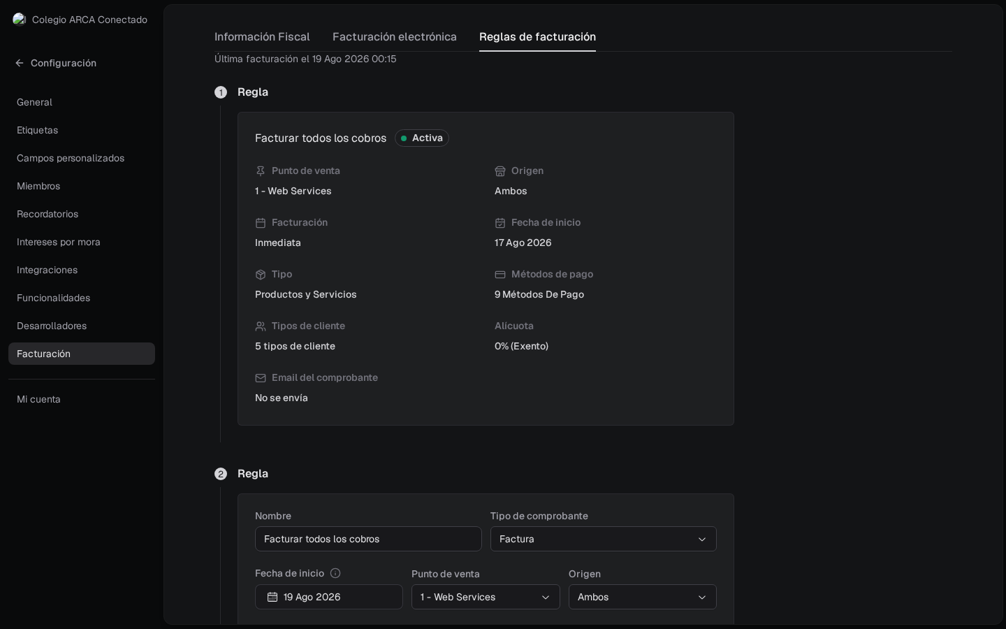 Regla Facturar todos los cobros activa: Web Services, inmediata, 0% y Email del comprobante en No se envía