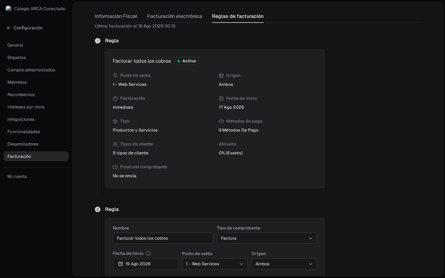 Regla Facturar todos los cobros activa: punto 1 Web Services, inmediata, IVA 0% Exento, email del comprobante no se envía