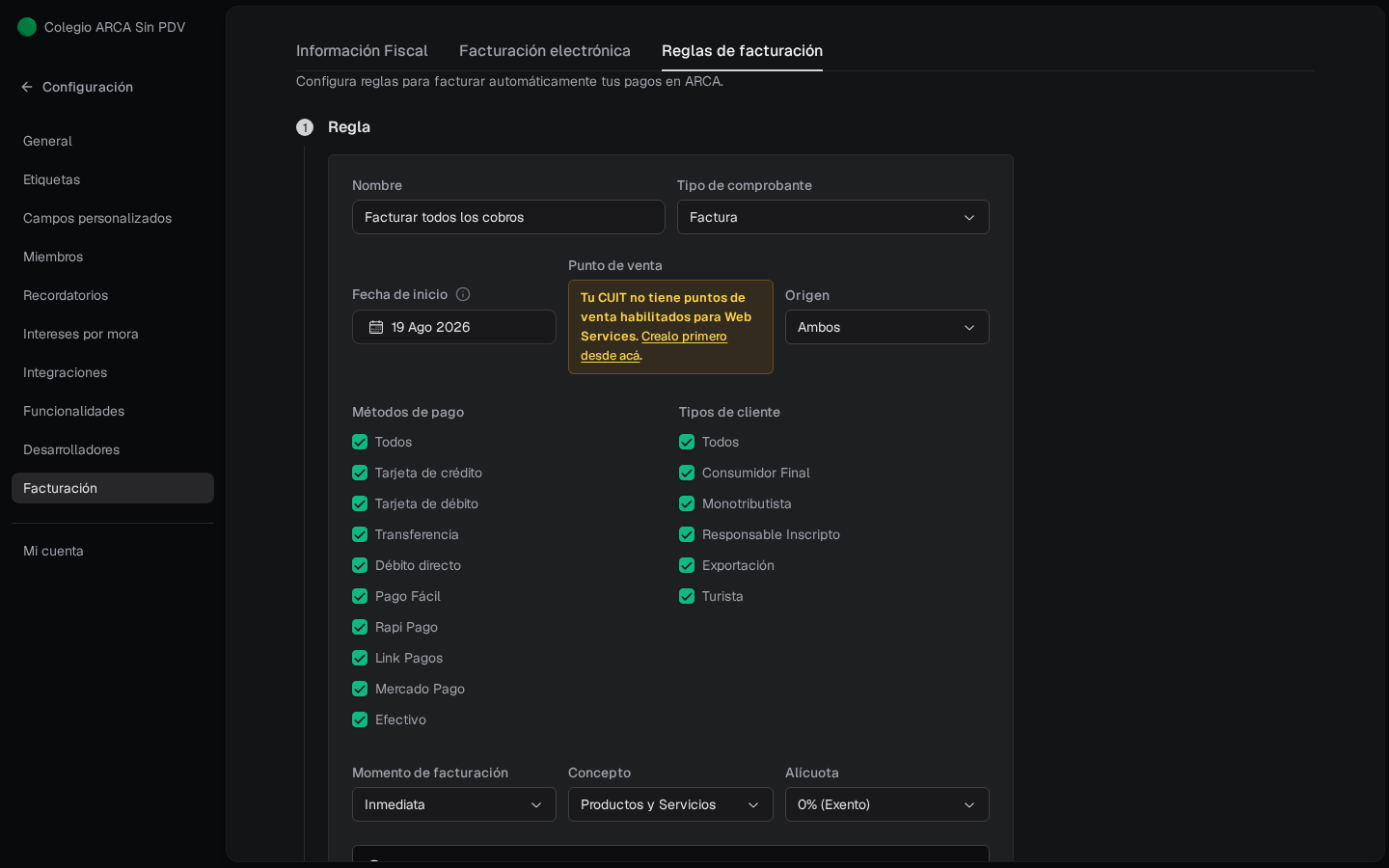 Editor de regla: aviso Tu CUIT no tiene puntos de venta habilitados para Web Services, con enlace Crealo primero desde acá