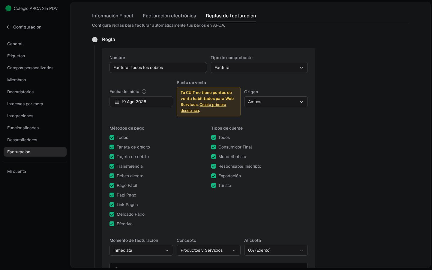 Editor de regla: aviso Tu CUIT no tiene puntos de venta habilitados para Web Services, con enlace Crealo primero desde acá