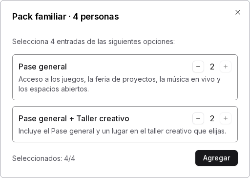 Selector público del Pack familiar con cuatro de cuatro entradas elegidas
