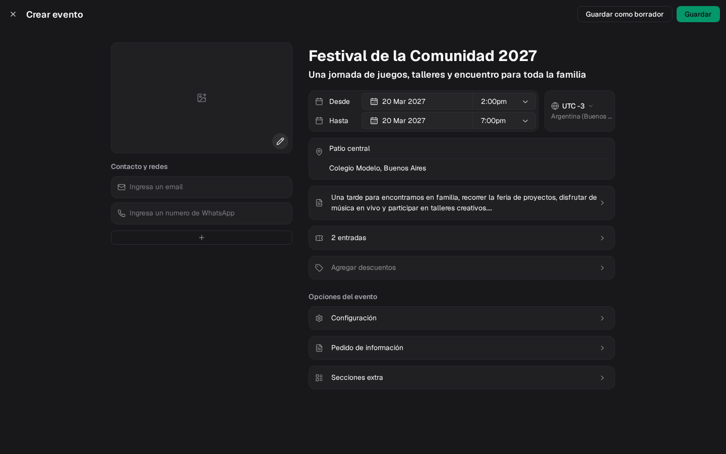 Formulario del Festival de la Comunidad con sus datos generales completos antes de agregar la portada