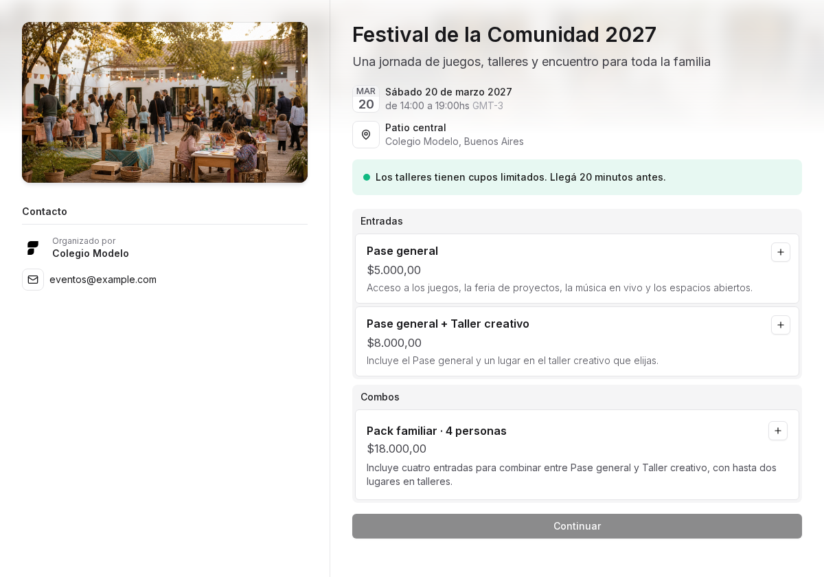 Página pública del Festival de la Comunidad con portada, mensaje destacado, entradas y combo familiar