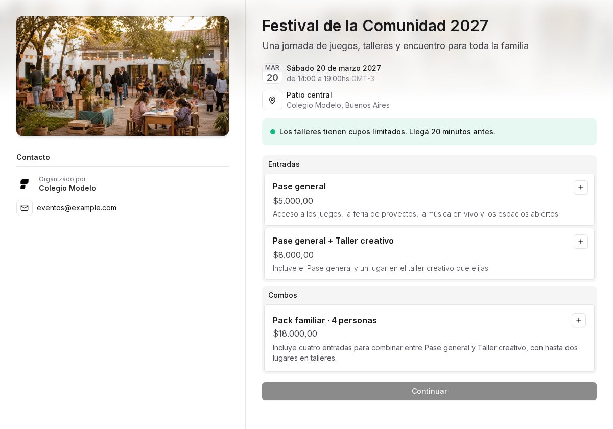 Página pública del Festival de la Comunidad con portada, mensaje destacado, entradas y combo familiar