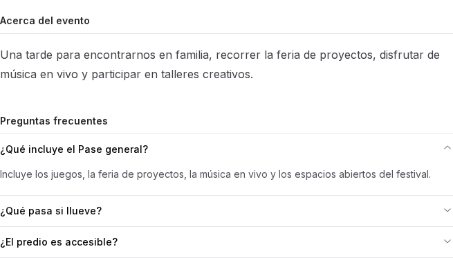 Preguntas frecuentes del evento con la respuesta sobre el Pase General desplegada