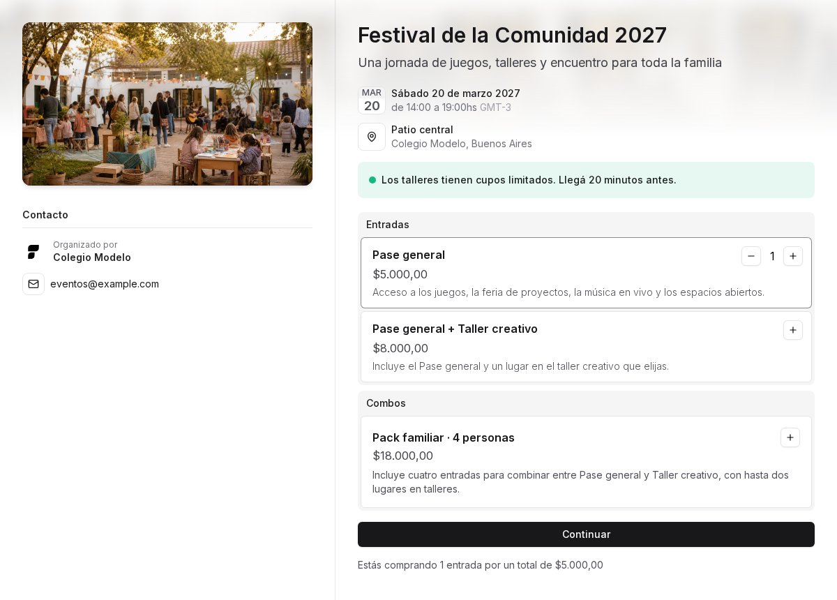 Página pública del festival con un Pase General seleccionado antes de presionar Continuar