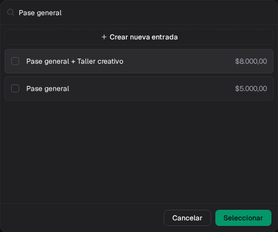 Selector de tipos de entrada existentes dentro del editor del evento