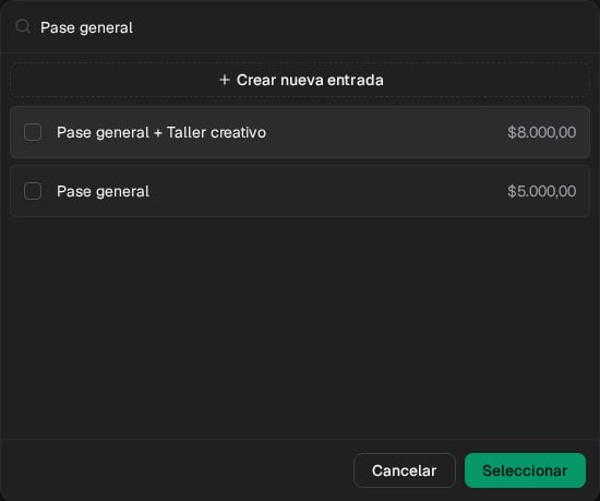 Selector de tipos de entrada existentes dentro del editor del evento