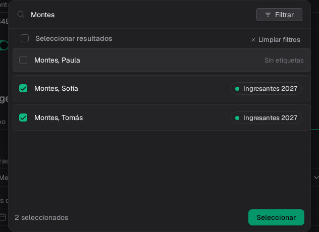 Selector con Sofía y Tomás asignados a la cuota escolar 2027