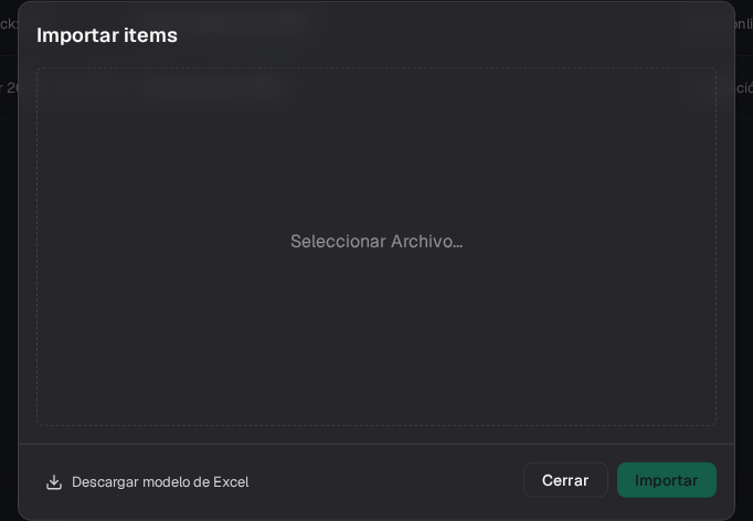 Modal para descargar el modelo de Excel y seleccionar un archivo de items