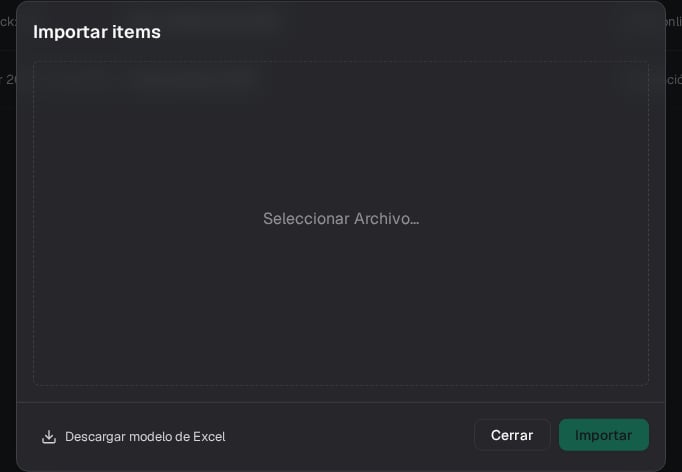 Modal para descargar el modelo de Excel y seleccionar un archivo de items