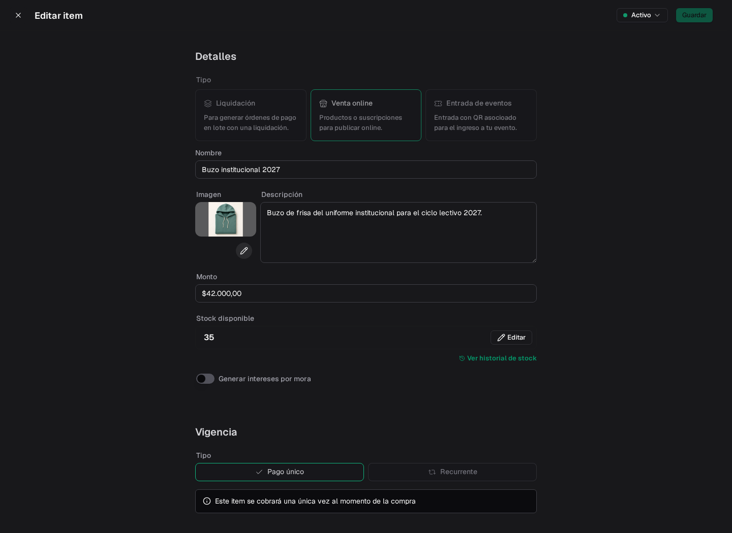 Buzo institucional configurado para Venta online con descripción, precio, imagen y stock