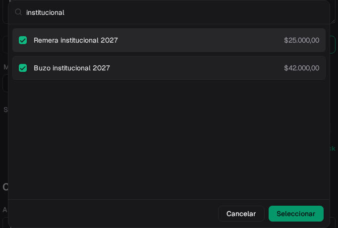 Selector de productos del descuento con Buzo institucional 2027 y Remera institucional 2027 elegidos