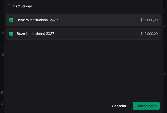 Selector de productos del descuento con Buzo institucional 2027 y Remera institucional 2027 elegidos