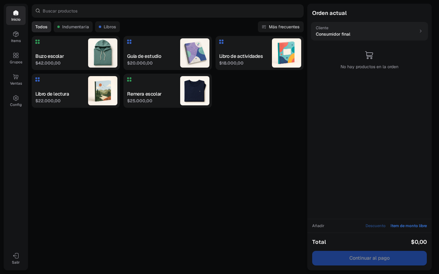 Vista del administrador dentro del Punto de Venta con navegación de catálogo y configuración