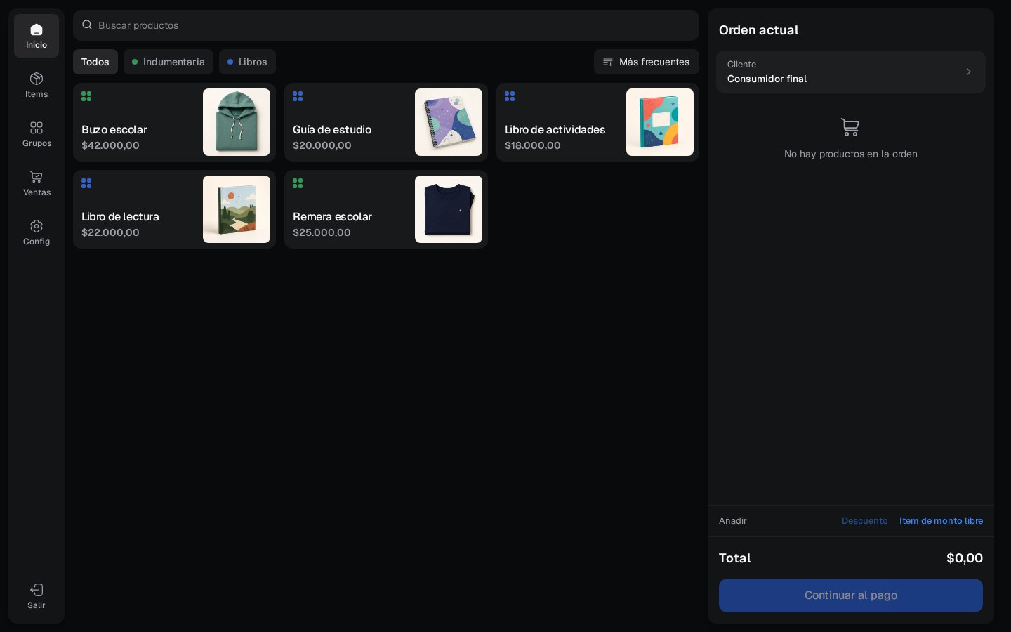 Vista del administrador dentro del Punto de Venta con navegación de catálogo y configuración