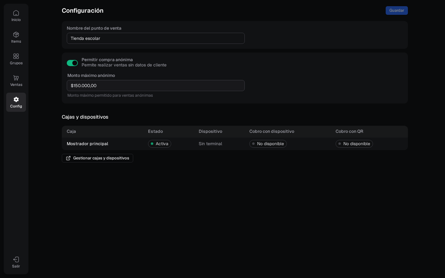 Configuración de compra anónima y límite del punto de venta