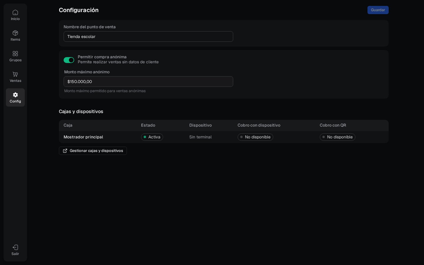 Configuración de compra anónima y límite del punto de venta
