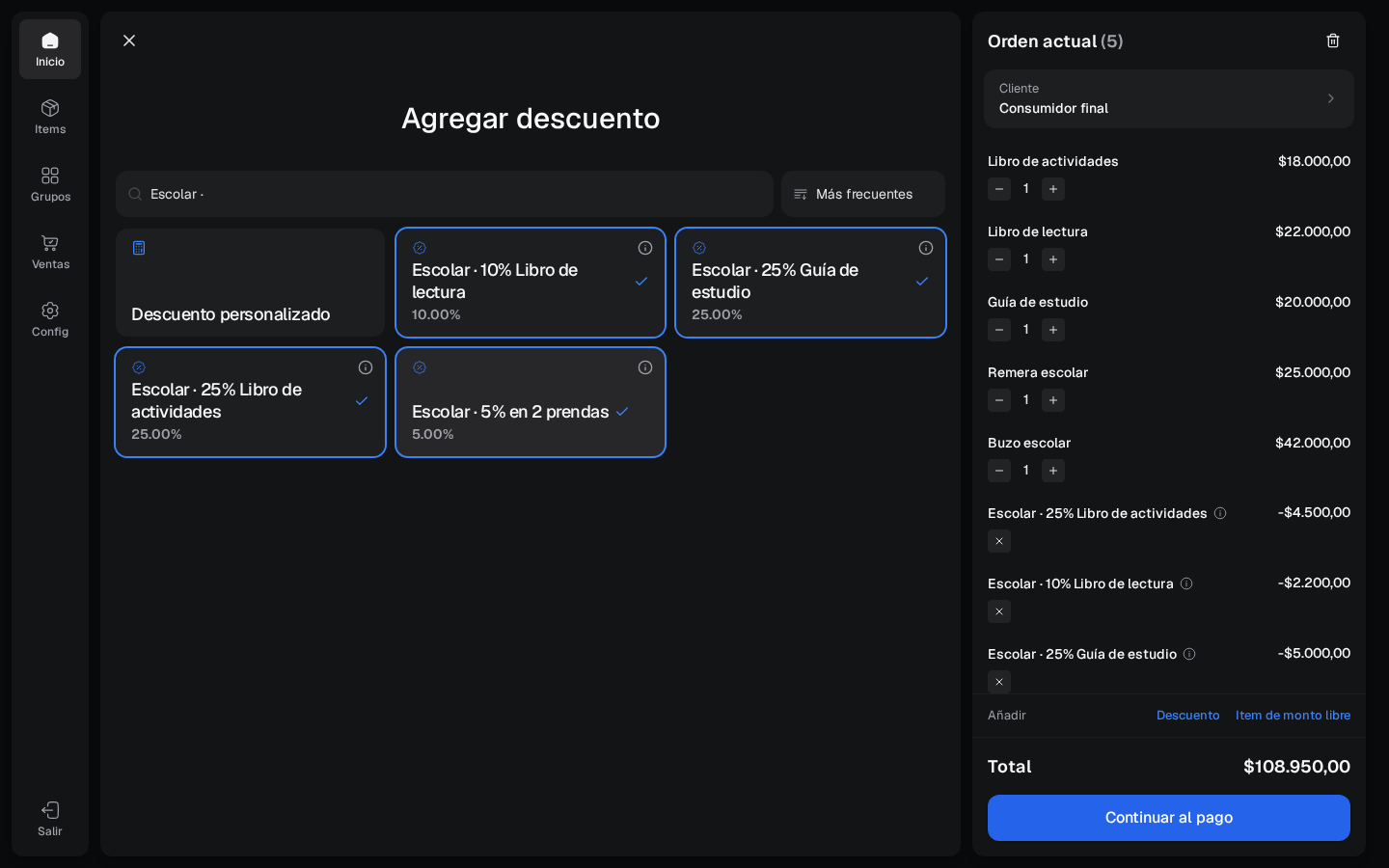 Combinación de cuatro descuentos seleccionados antes de aplicarlos