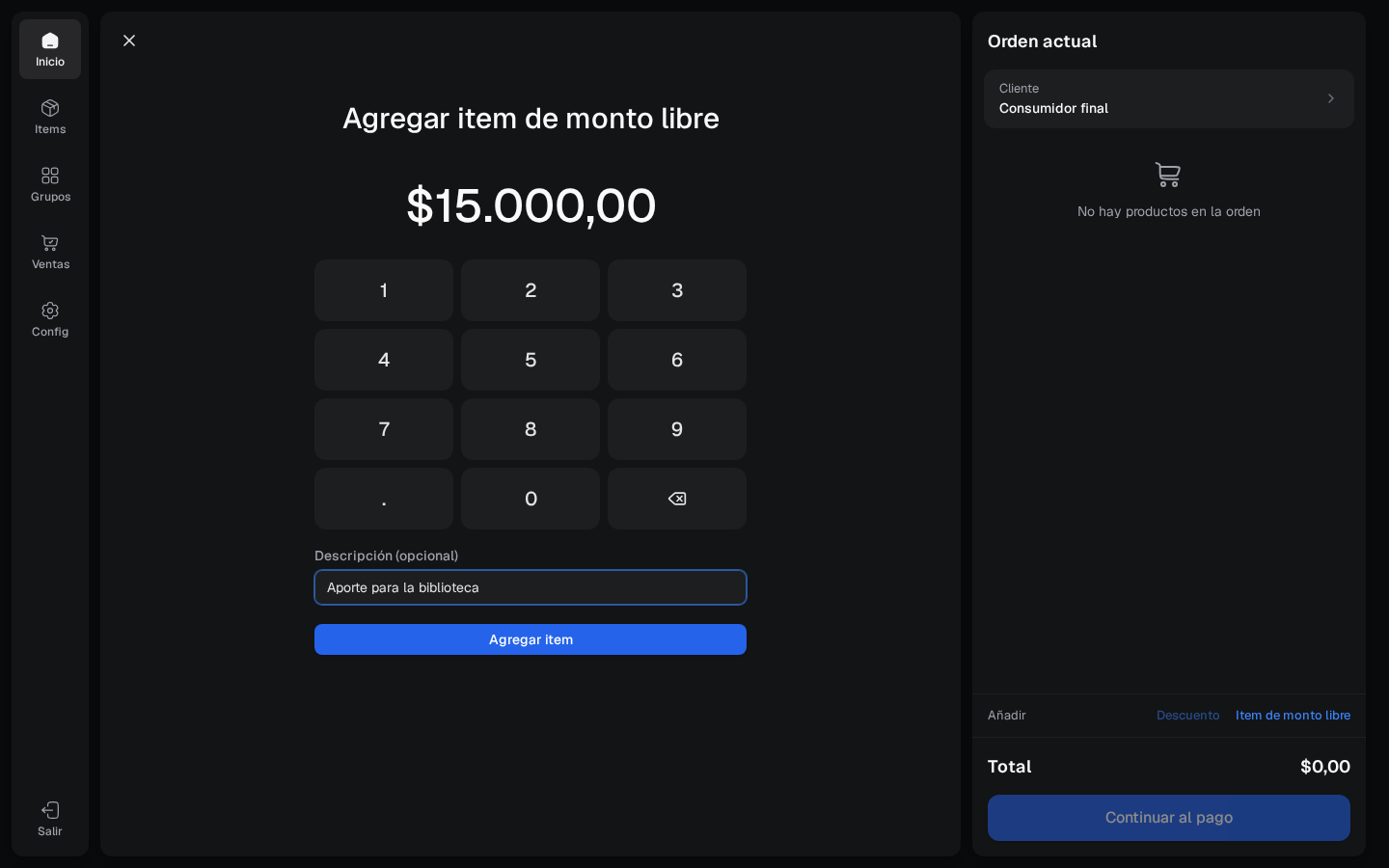 Carga de un item de monto libre con descripción opcional