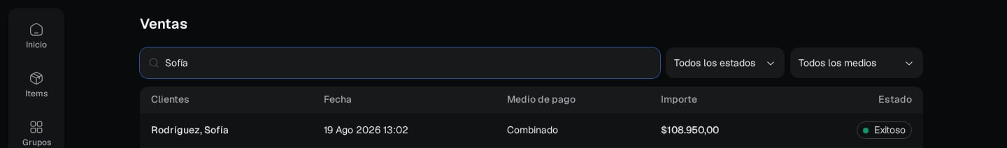 Listado de ventas del POS con búsqueda y filtros