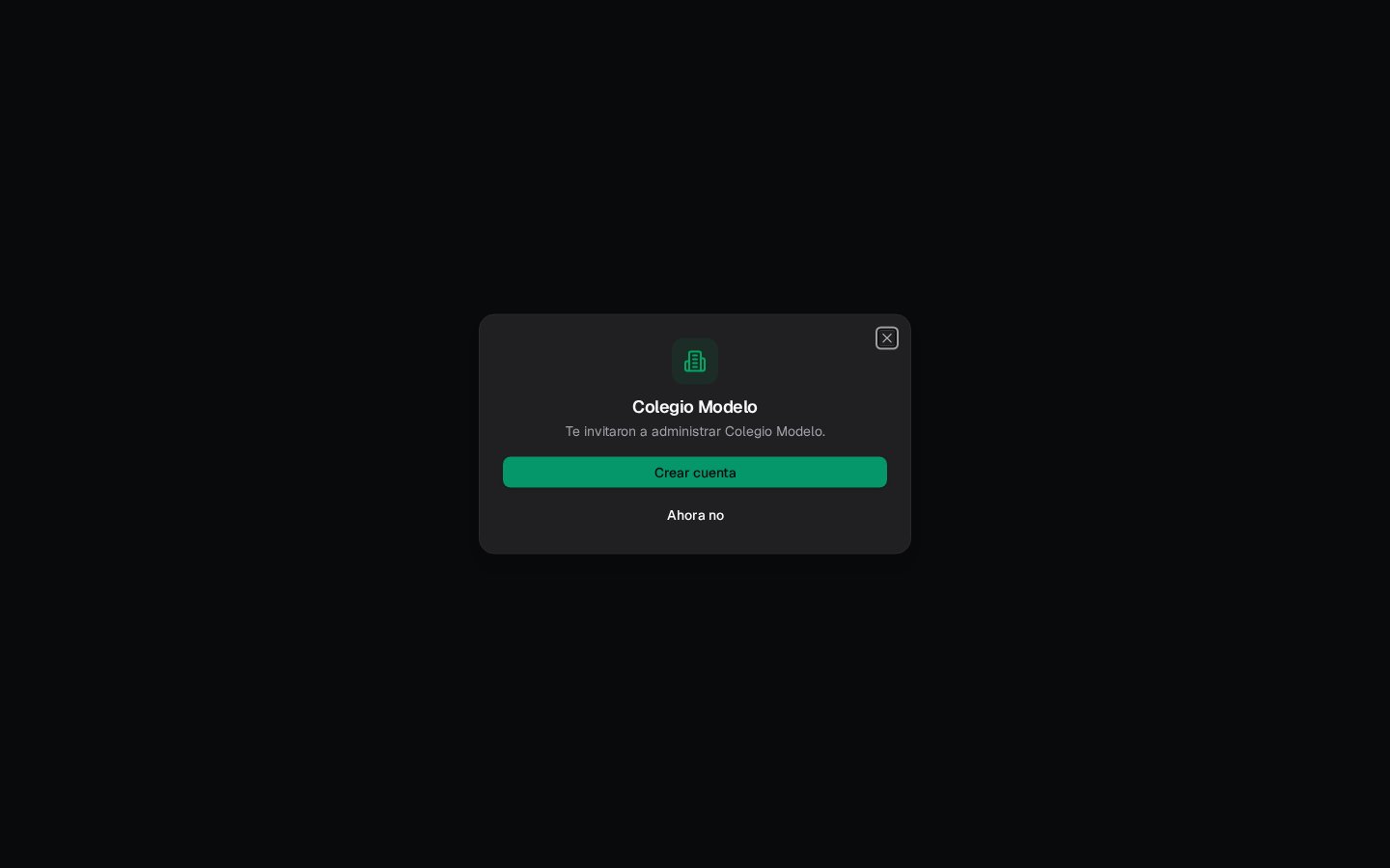 Pantalla de invitación a Colegio Modelo para quien no tiene cuenta, modal centrado con Crear cuenta