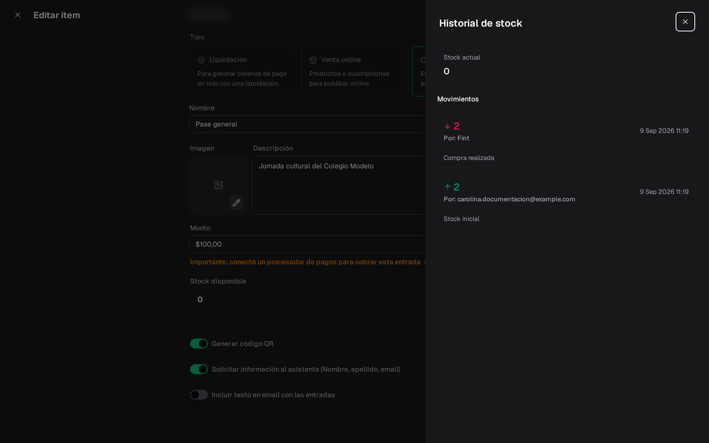Pase general después de vender dos entradas: stock actual 0 y movimientos de la compra y carga inicial