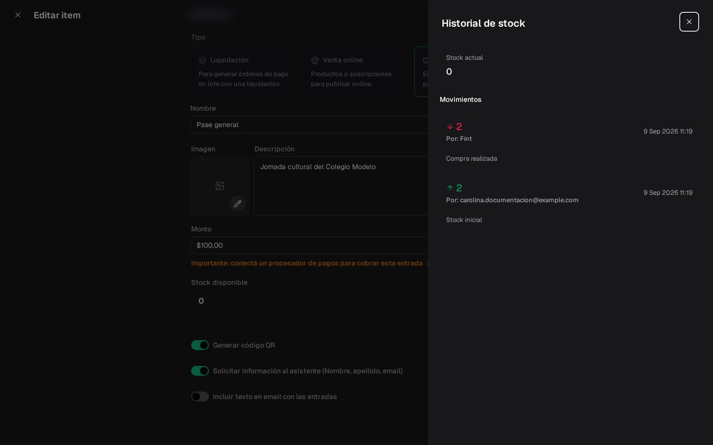 Pase general después de vender dos entradas: stock actual 0 y movimientos de la compra y carga inicial